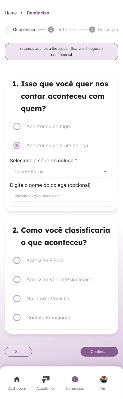 Formulário de denúncia, passo 1: com quem aconteceu e tipo de ocorrência